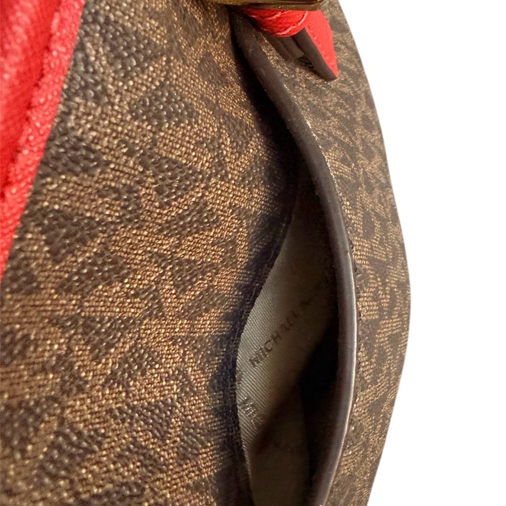 Michael Kors Jet Set Travel Signature Logo brown & red top zip small tote bag - Picture 7 of 15